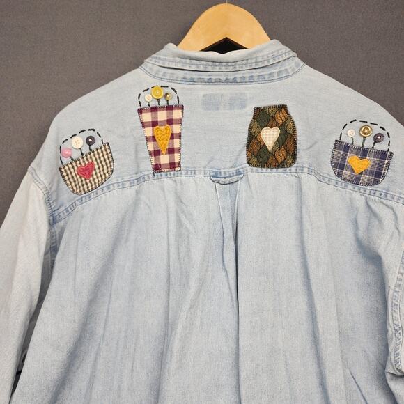 Vintage Women Denim Shirt 3X Patchwork Applique Chambray Country Cottage Folk - Picture 13 of 16